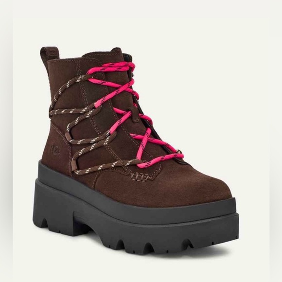 UGG Shoes - UGG  Brisbane Lace Up Waterproof Suede Boots with Pink & Brown Laces • 10 • NWT